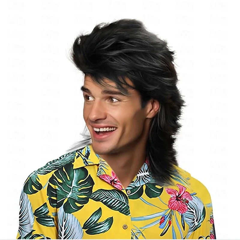 Men'S Accessories In The 80S - Erkekler Siyah Sentetik Saç Kefal Peruk