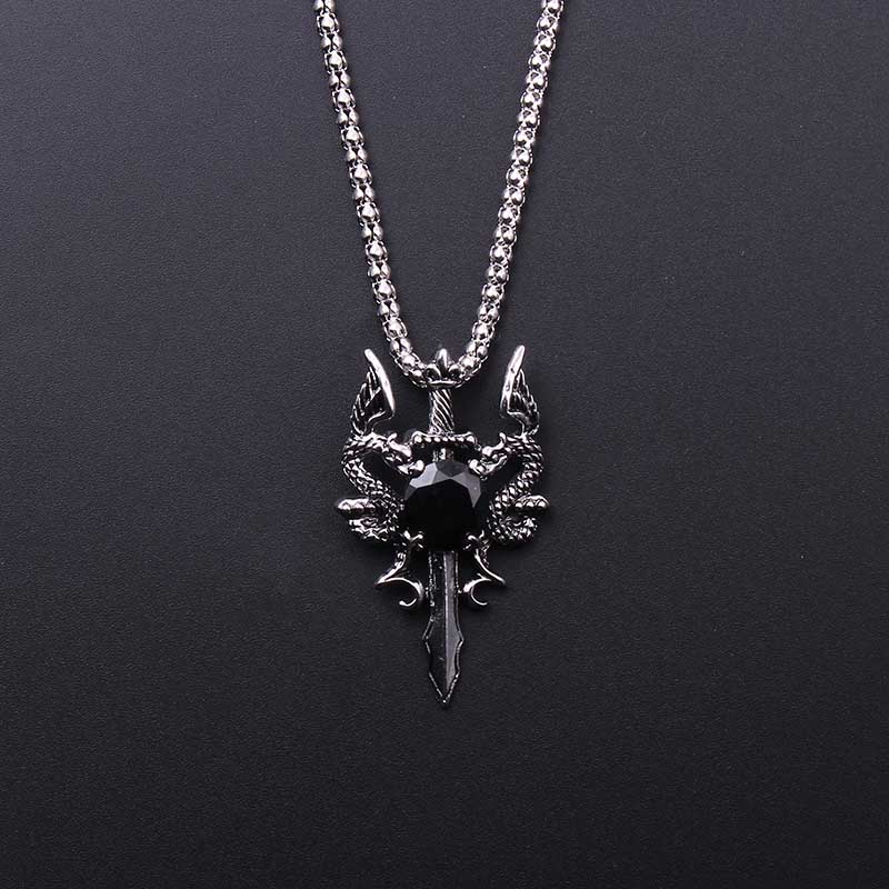 Men'S Accessories Jewelry - Çift Ejderha Siyah Mücevher Çapraz Kolye